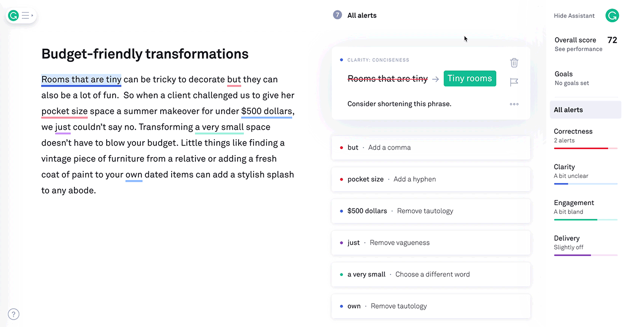 Grammarly AI writing assistant showing tone and grammar suggestions