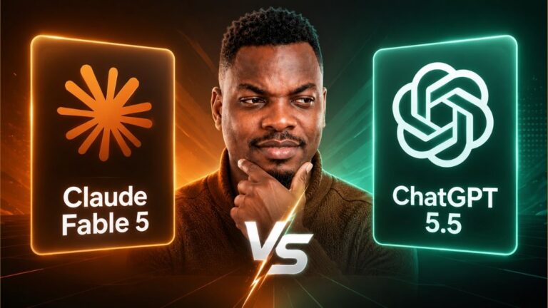 Use only the same guy in the image to generate a 16:9 blogpost featured image. Change dress, hairstyle and colors but keep face features very consistent while changing the facial expressions. Title of the post is "Claude Fable 5 vs ChatGPT 5.5